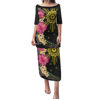 Hawaii and Philippines Together Puletasi Hibiscus Flower and Sun Badge Polynesian Pattern Coloful LT03 Long Dress Black - Polynesian Pride