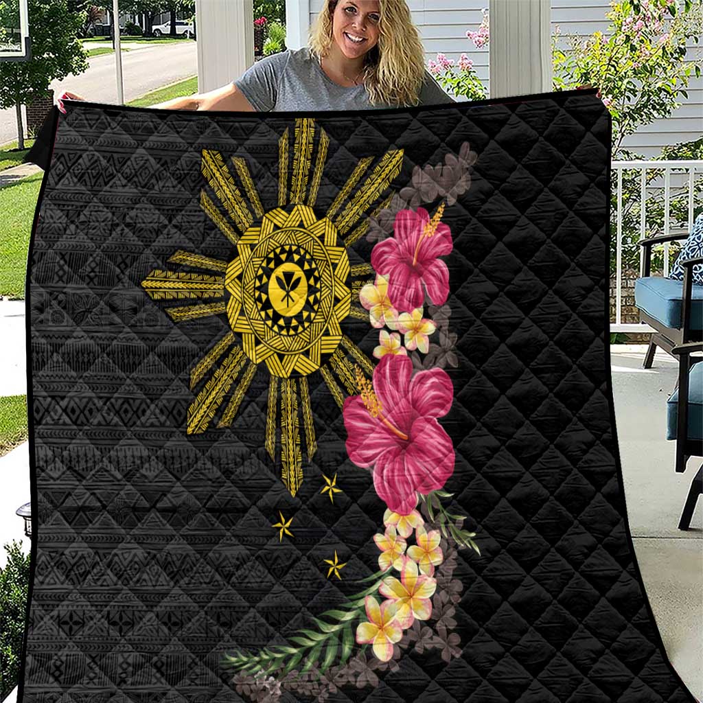 Hawaii and Philippines Together Quilt Hibiscus Flower and Sun Badge Polynesian Pattern Coloful LT03 Black - Polynesian Pride