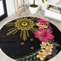 Hawaii and Philippines Together Round Carpet Hibiscus Flower and Sun Badge Polynesian Pattern Coloful LT03 Black - Polynesian Pride