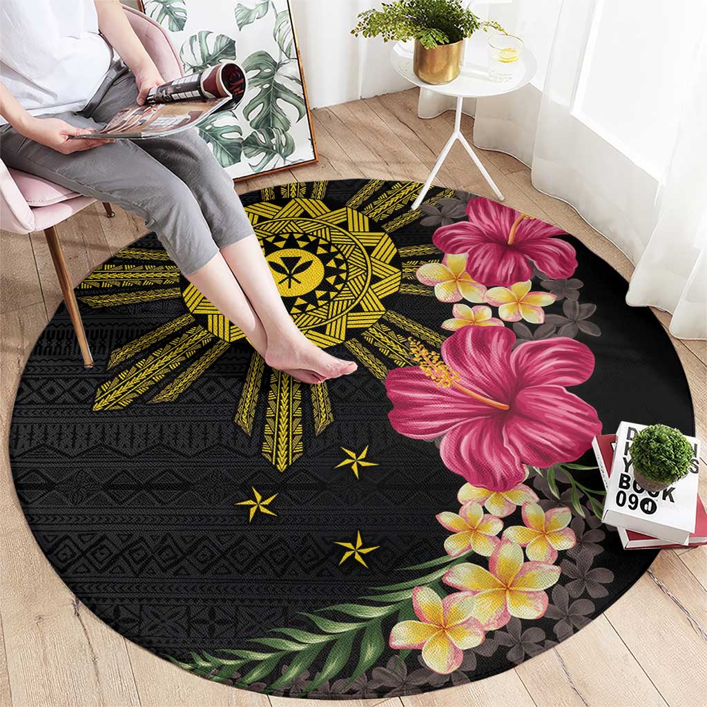 Hawaii and Philippines Together Round Carpet Hibiscus Flower and Sun Badge Polynesian Pattern Coloful LT03 - Polynesian Pride
