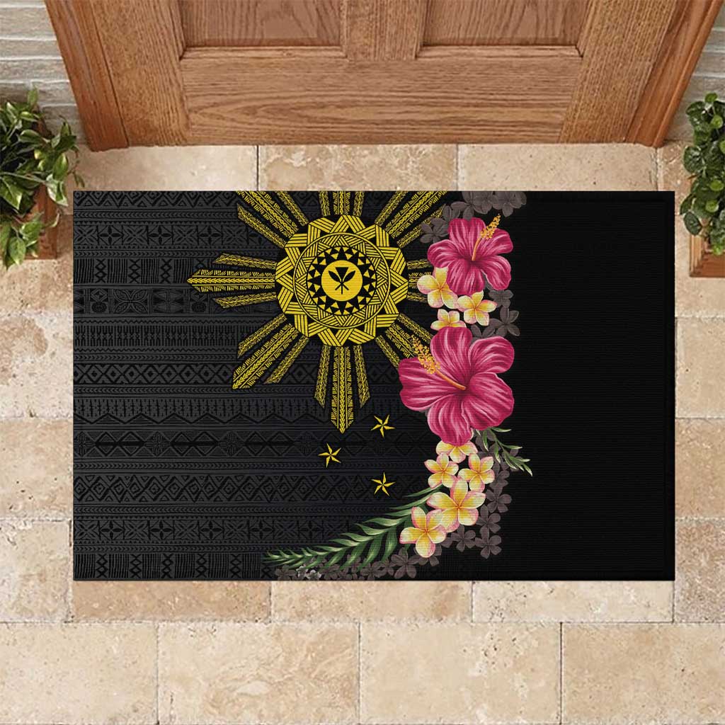 Hawaii and Philippines Together Rubber Doormat Hibiscus Flower and Sun Badge Polynesian Pattern Coloful LT03 Black - Polynesian Pride