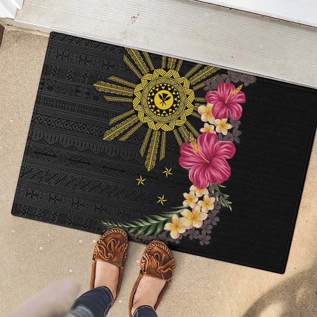 Hawaii and Philippines Together Rubber Doormat Hibiscus Flower and Sun Badge Polynesian Pattern Coloful LT03 - Polynesian Pride