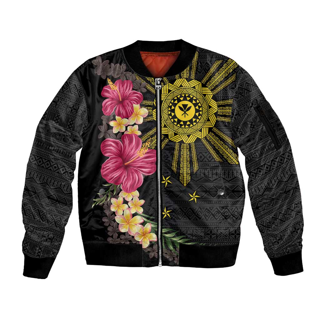 Hawaii and Philippines Together Sleeve Zip Bomber Jacket Hibiscus Flower and Sun Badge Polynesian Pattern Coloful LT03 Unisex Black - Polynesian Pride