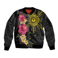 Hawaii and Philippines Together Sleeve Zip Bomber Jacket Hibiscus Flower and Sun Badge Polynesian Pattern Coloful LT03 Unisex Black - Polynesian Pride