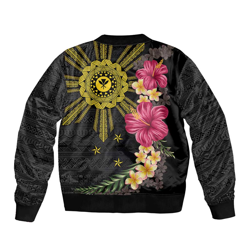 Hawaii and Philippines Together Sleeve Zip Bomber Jacket Hibiscus Flower and Sun Badge Polynesian Pattern Coloful LT03 - Polynesian Pride