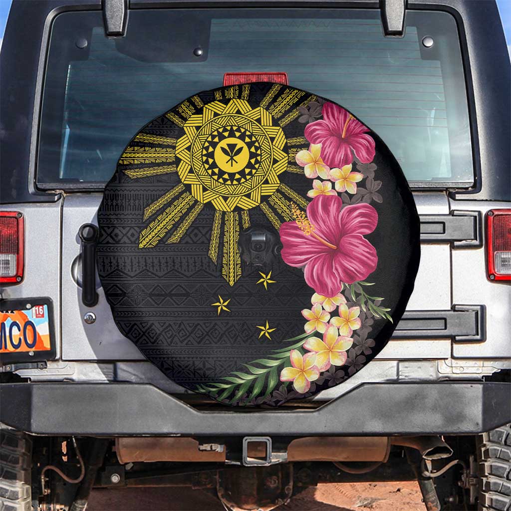 Hawaii and Philippines Together Spare Tire Cover Hibiscus Flower and Sun Badge Polynesian Pattern Coloful LT03 Black - Polynesian Pride