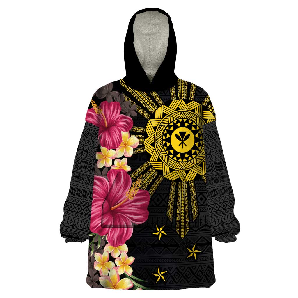 Hawaii and Philippines Together Wearable Blanket Hoodie Hibiscus Flower and Sun Badge Polynesian Pattern Coloful LT03 One Size Black - Polynesian Pride