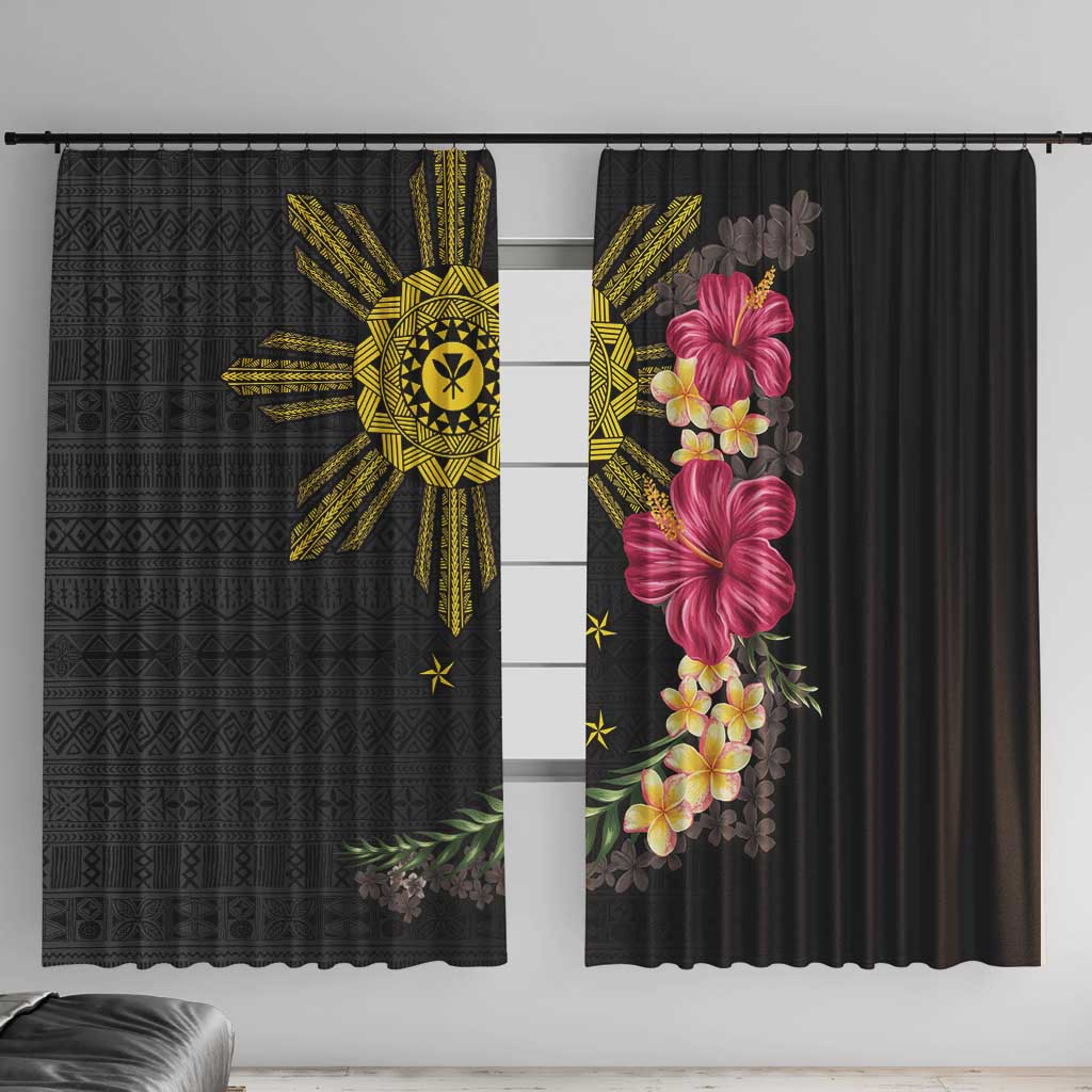 Hawaii and Philippines Together Window Curtain Hibiscus Flower and Sun Badge Polynesian Pattern Coloful LT03 With Hooks Black - Polynesian Pride