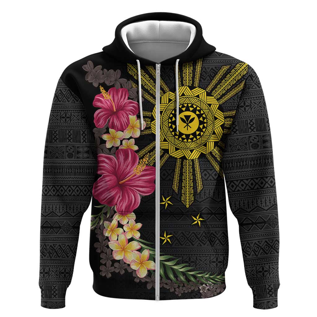 Hawaii and Philippines Together Zip Hoodie Hibiscus Flower and Sun Badge Polynesian Pattern Coloful