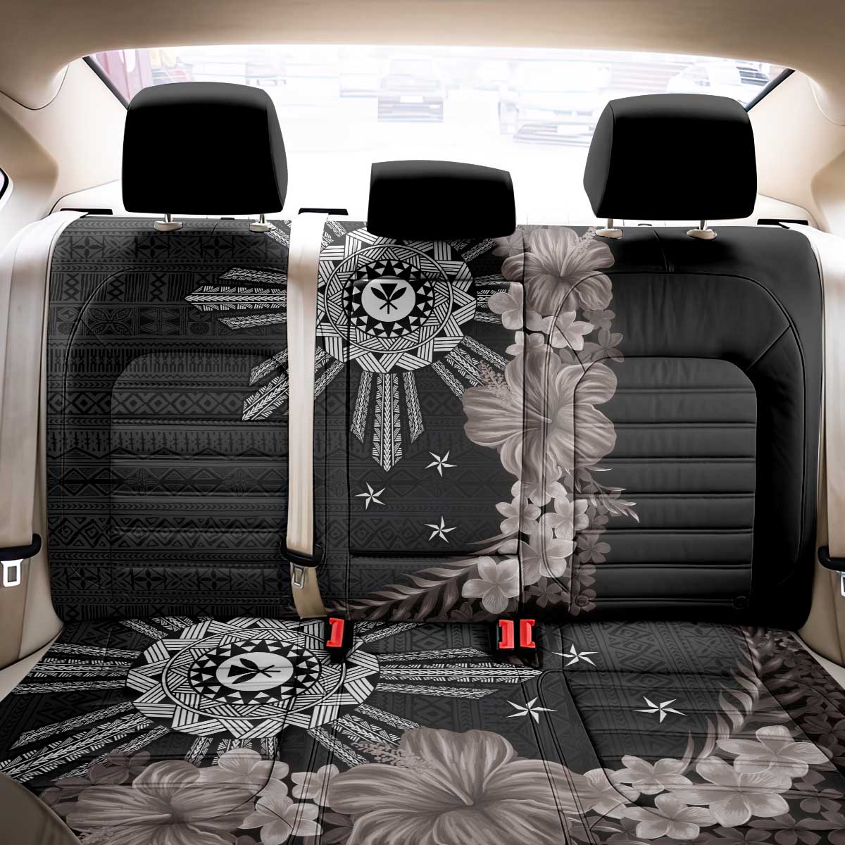 Hawaii and Philippines Together Back Car Seat Cover Hibiscus Flower and Sun Badge Polynesian Pattern Grayscale LT03 - Polynesian Pride