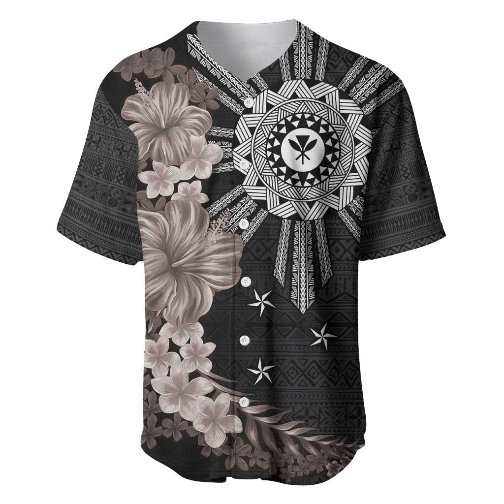 Hawaii and Philippines Together Baseball Jersey Hibiscus Flower and Sun Badge Polynesian Pattern Grayscale LT03 Black - Polynesian Pride