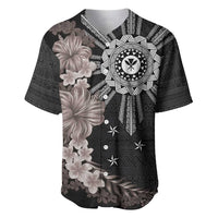 Hawaii and Philippines Together Baseball Jersey Hibiscus Flower and Sun Badge Polynesian Pattern Grayscale LT03 Black - Polynesian Pride