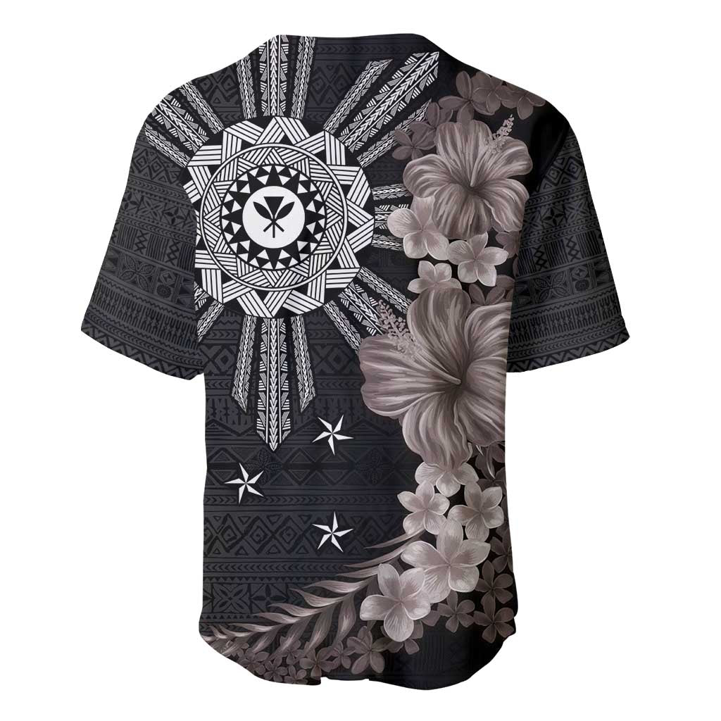 Hawaii and Philippines Together Baseball Jersey Hibiscus Flower and Sun Badge Polynesian Pattern Grayscale LT03 - Polynesian Pride