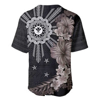 Hawaii and Philippines Together Baseball Jersey Hibiscus Flower and Sun Badge Polynesian Pattern Grayscale LT03 - Polynesian Pride