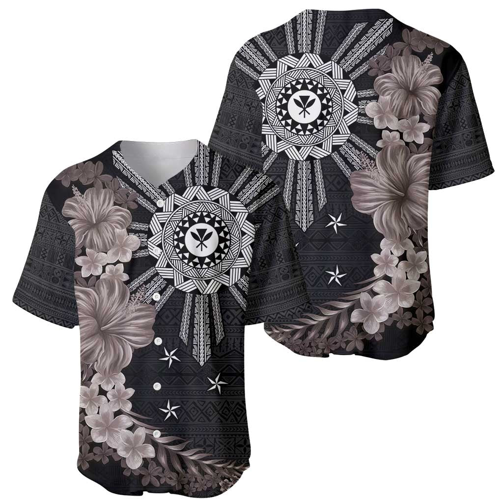 Hawaii and Philippines Together Baseball Jersey Hibiscus Flower and Sun Badge Polynesian Pattern Grayscale LT03 - Polynesian Pride