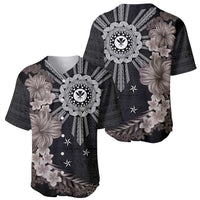 Hawaii and Philippines Together Baseball Jersey Hibiscus Flower and Sun Badge Polynesian Pattern Grayscale LT03 - Polynesian Pride