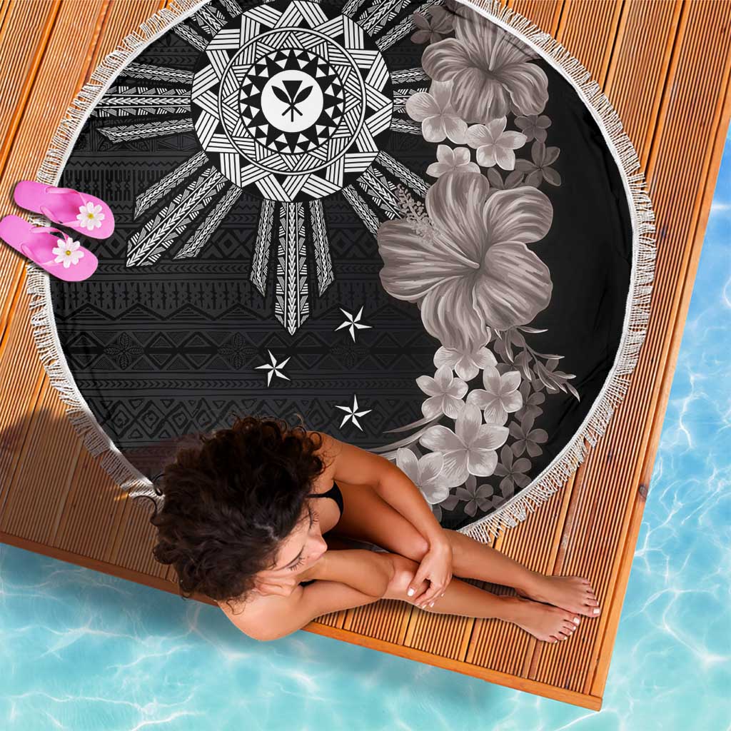 Hawaii and Philippines Together Beach Blanket Hibiscus Flower and Sun Badge Polynesian Pattern Grayscale LT03 - Polynesian Pride