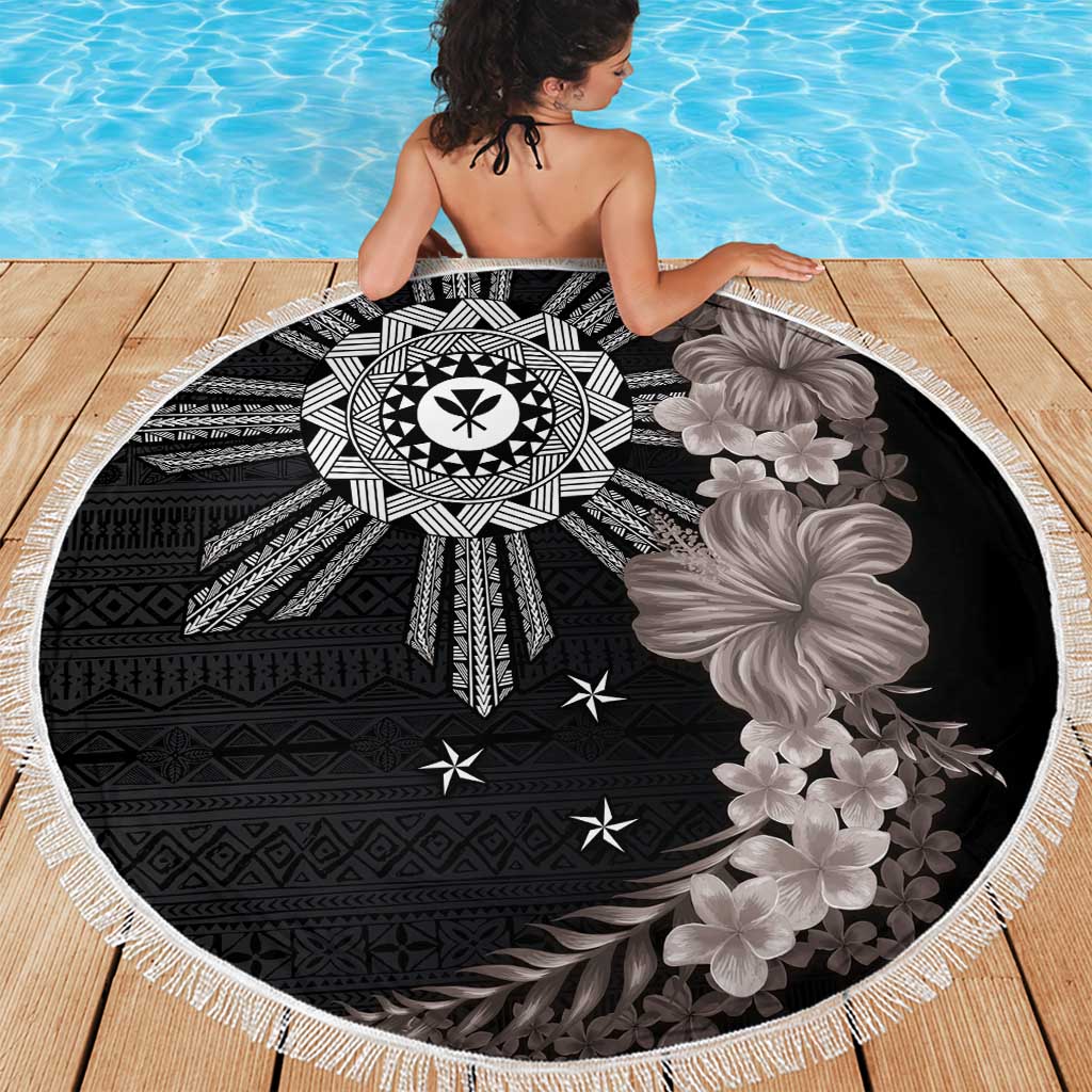 Hawaii and Philippines Together Beach Blanket Hibiscus Flower and Sun Badge Polynesian Pattern Grayscale LT03 - Polynesian Pride
