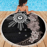 Hawaii and Philippines Together Beach Blanket Hibiscus Flower and Sun Badge Polynesian Pattern Grayscale LT03 - Polynesian Pride