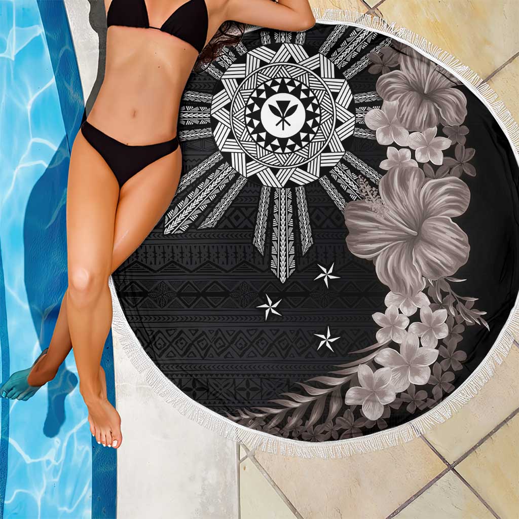 Hawaii and Philippines Together Beach Blanket Hibiscus Flower and Sun Badge Polynesian Pattern Grayscale LT03 - Polynesian Pride
