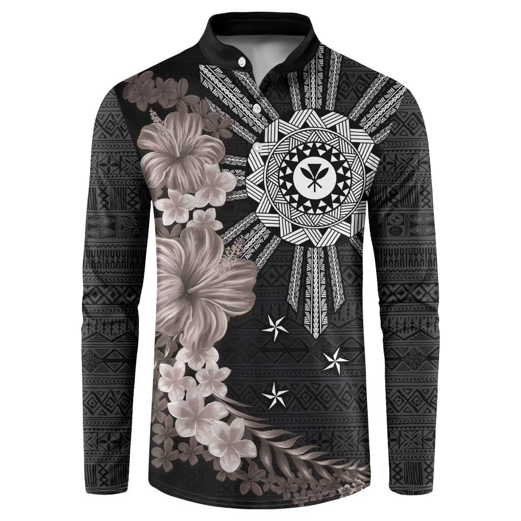 Hawaii and Philippines Together Button Sweatshirt Hibiscus Flower and Sun Badge Polynesian Pattern Grayscale LT03 Black - Polynesian Pride
