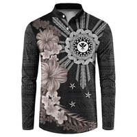 Hawaii and Philippines Together Button Sweatshirt Hibiscus Flower and Sun Badge Polynesian Pattern Grayscale LT03 Black - Polynesian Pride