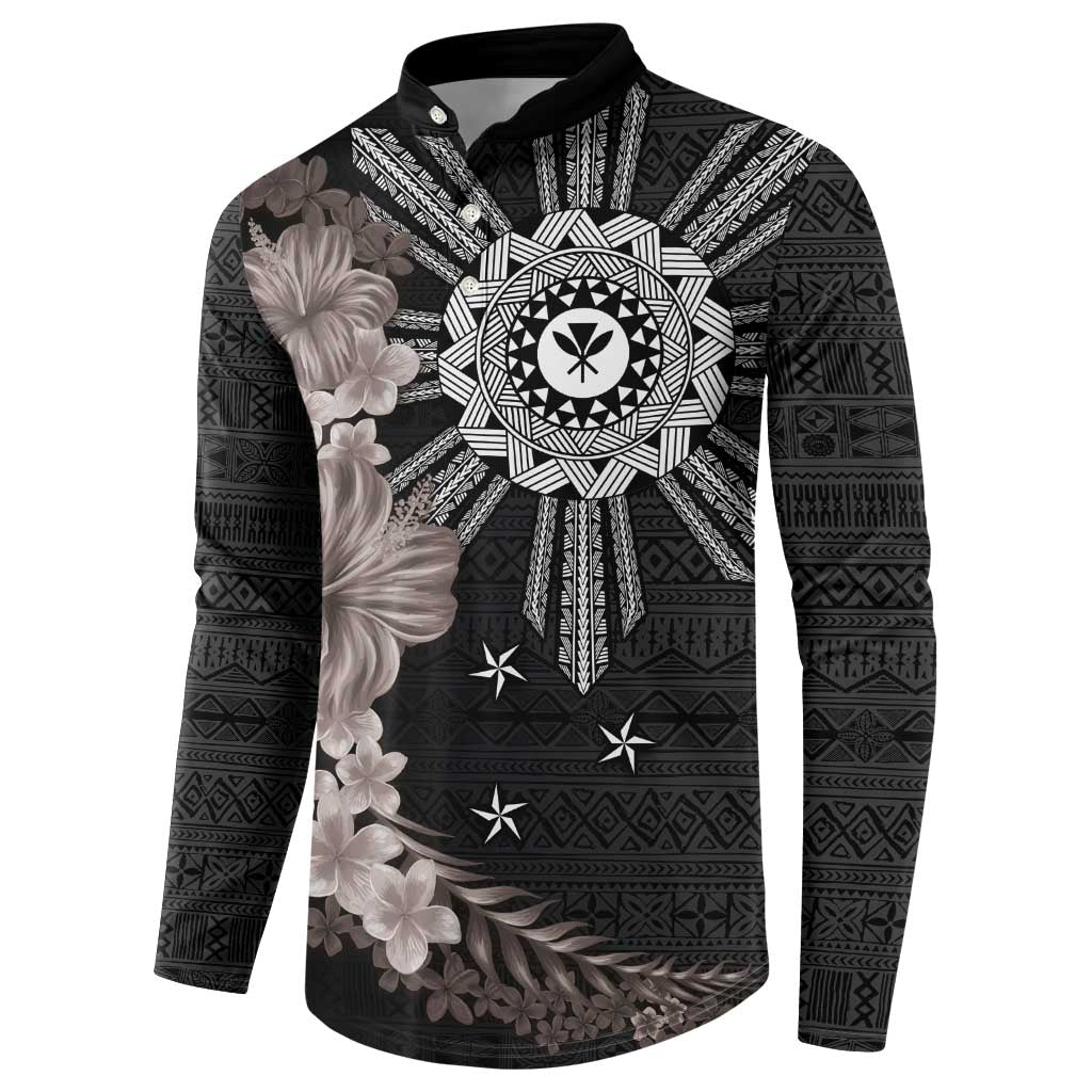 Hawaii and Philippines Together Button Sweatshirt Hibiscus Flower and Sun Badge Polynesian Pattern Grayscale LT03 - Polynesian Pride