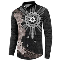 Hawaii and Philippines Together Button Sweatshirt Hibiscus Flower and Sun Badge Polynesian Pattern Grayscale LT03 - Polynesian Pride