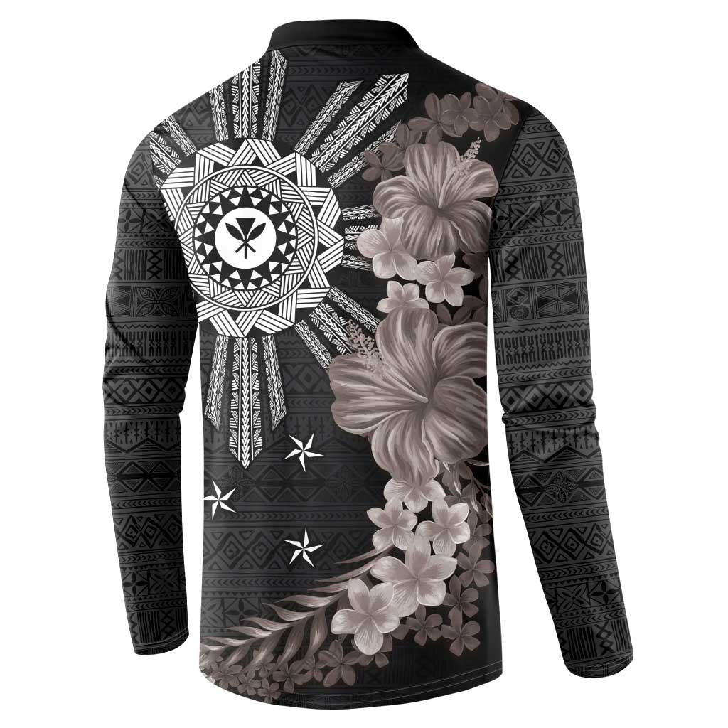 Hawaii and Philippines Together Button Sweatshirt Hibiscus Flower and Sun Badge Polynesian Pattern Grayscale LT03 - Polynesian Pride