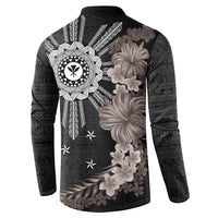 Hawaii and Philippines Together Button Sweatshirt Hibiscus Flower and Sun Badge Polynesian Pattern Grayscale LT03 - Polynesian Pride
