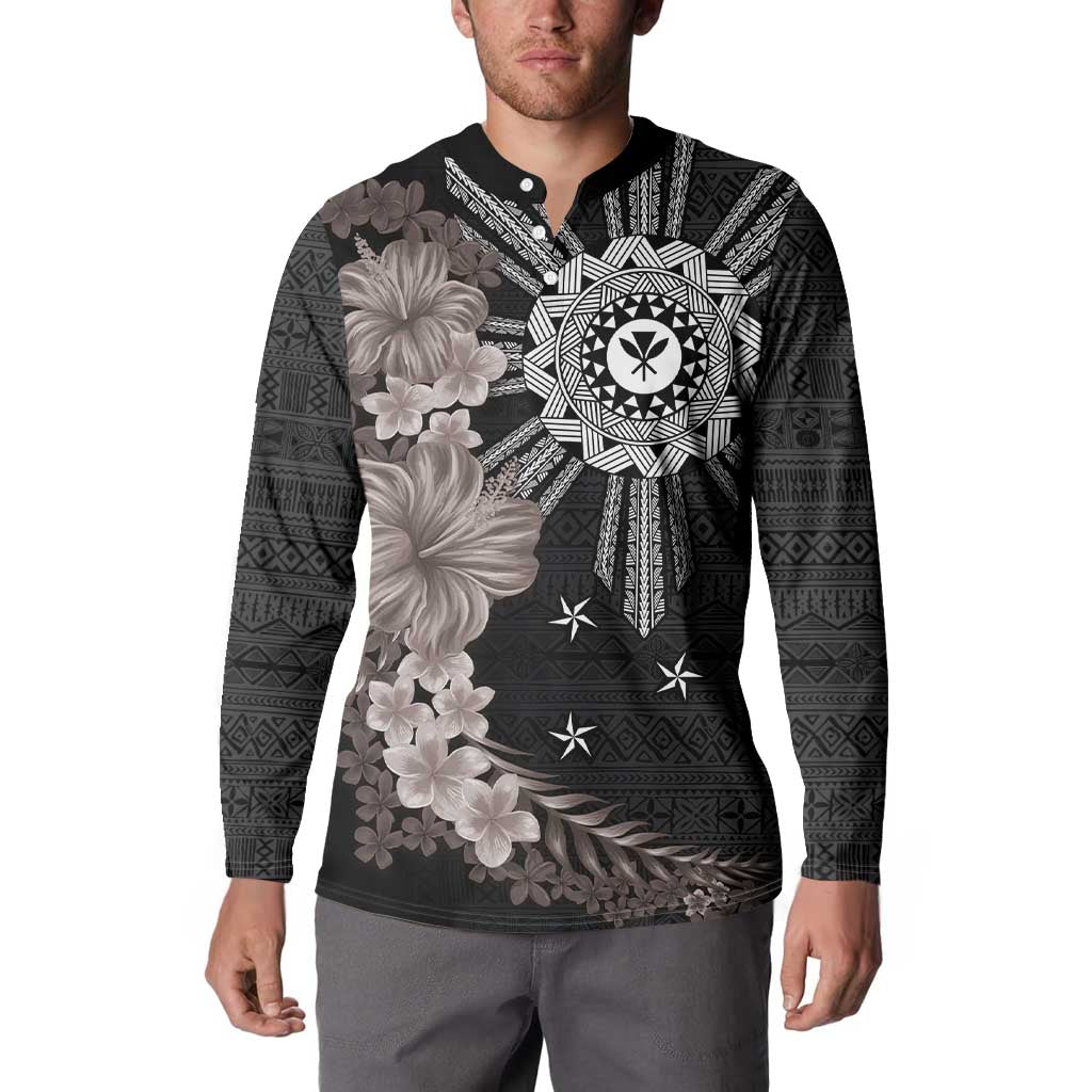 Hawaii and Philippines Together Button Sweatshirt Hibiscus Flower and Sun Badge Polynesian Pattern Grayscale LT03 - Polynesian Pride