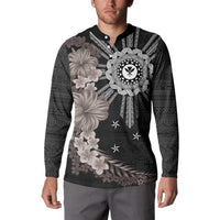 Hawaii and Philippines Together Button Sweatshirt Hibiscus Flower and Sun Badge Polynesian Pattern Grayscale LT03 - Polynesian Pride
