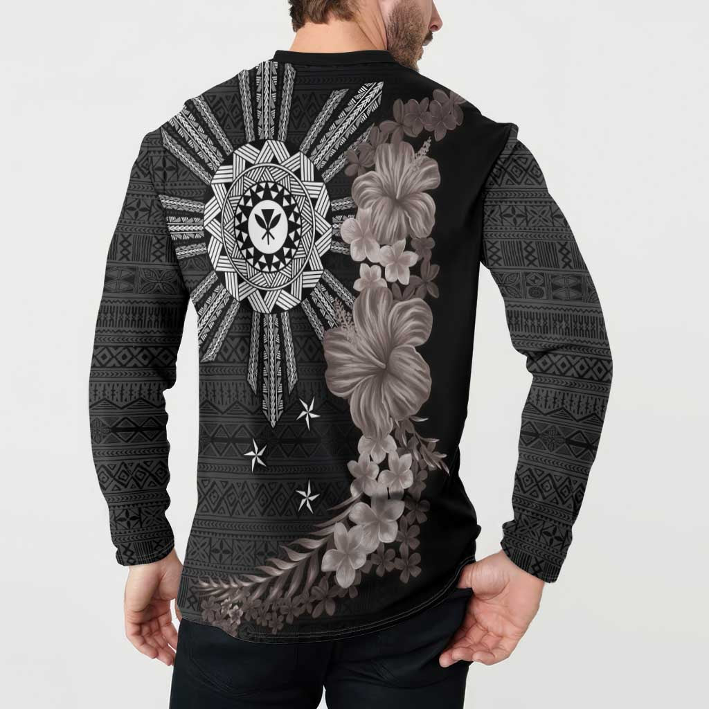 Hawaii and Philippines Together Button Sweatshirt Hibiscus Flower and Sun Badge Polynesian Pattern Grayscale LT03 - Polynesian Pride