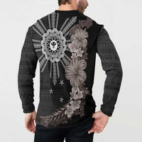 Hawaii and Philippines Together Button Sweatshirt Hibiscus Flower and Sun Badge Polynesian Pattern Grayscale LT03 - Polynesian Pride