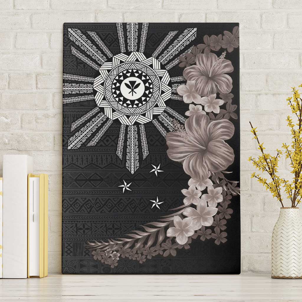 Hawaii and Philippines Together Canvas Wall Art Hibiscus Flower and Sun Badge Polynesian Pattern Grayscale LT03 Without Frame Black - Polynesian Pride