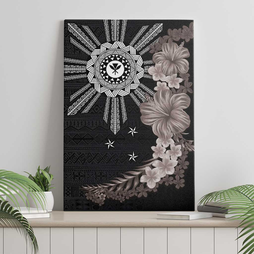 Hawaii and Philippines Together Canvas Wall Art Hibiscus Flower and Sun Badge Polynesian Pattern Grayscale LT03 - Polynesian Pride