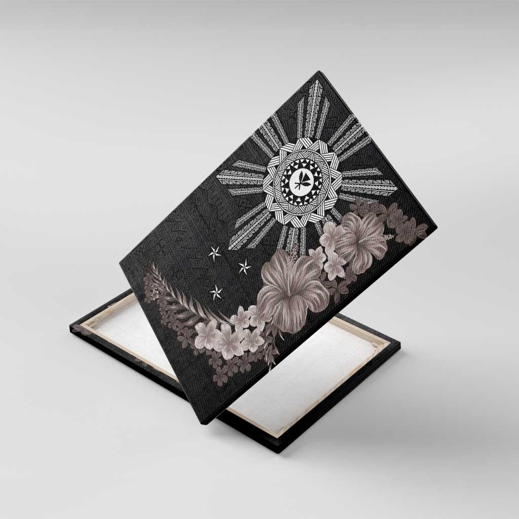 Hawaii and Philippines Together Canvas Wall Art Hibiscus Flower and Sun Badge Polynesian Pattern Grayscale LT03 With Frame Black - Polynesian Pride