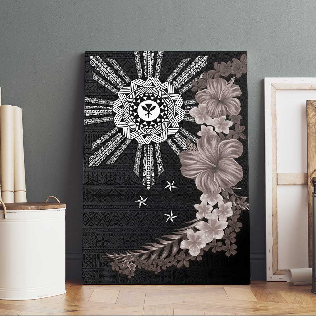 Hawaii and Philippines Together Canvas Wall Art Hibiscus Flower and Sun Badge Polynesian Pattern Grayscale LT03 - Polynesian Pride