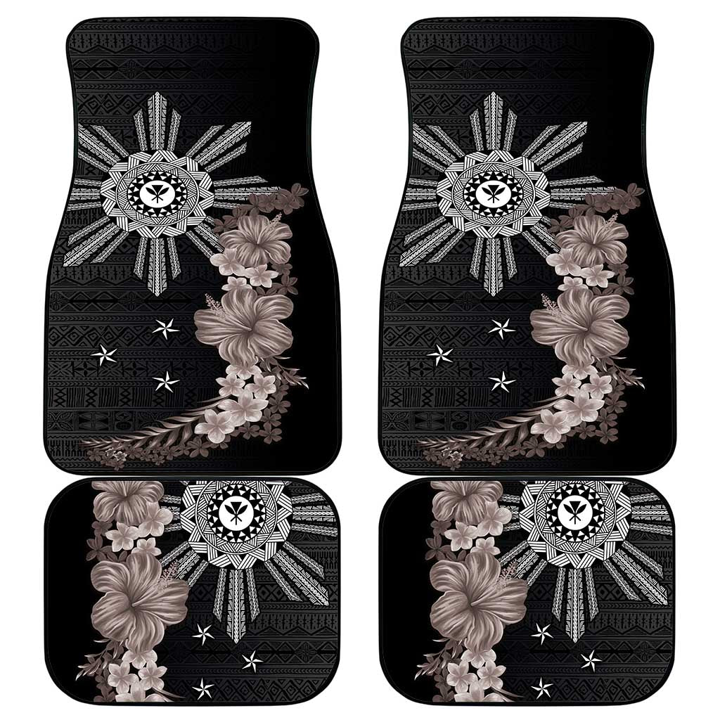 Hawaii and Philippines Together Car Mats Hibiscus Flower and Sun Badge Polynesian Pattern Grayscale LT03 - Polynesian Pride