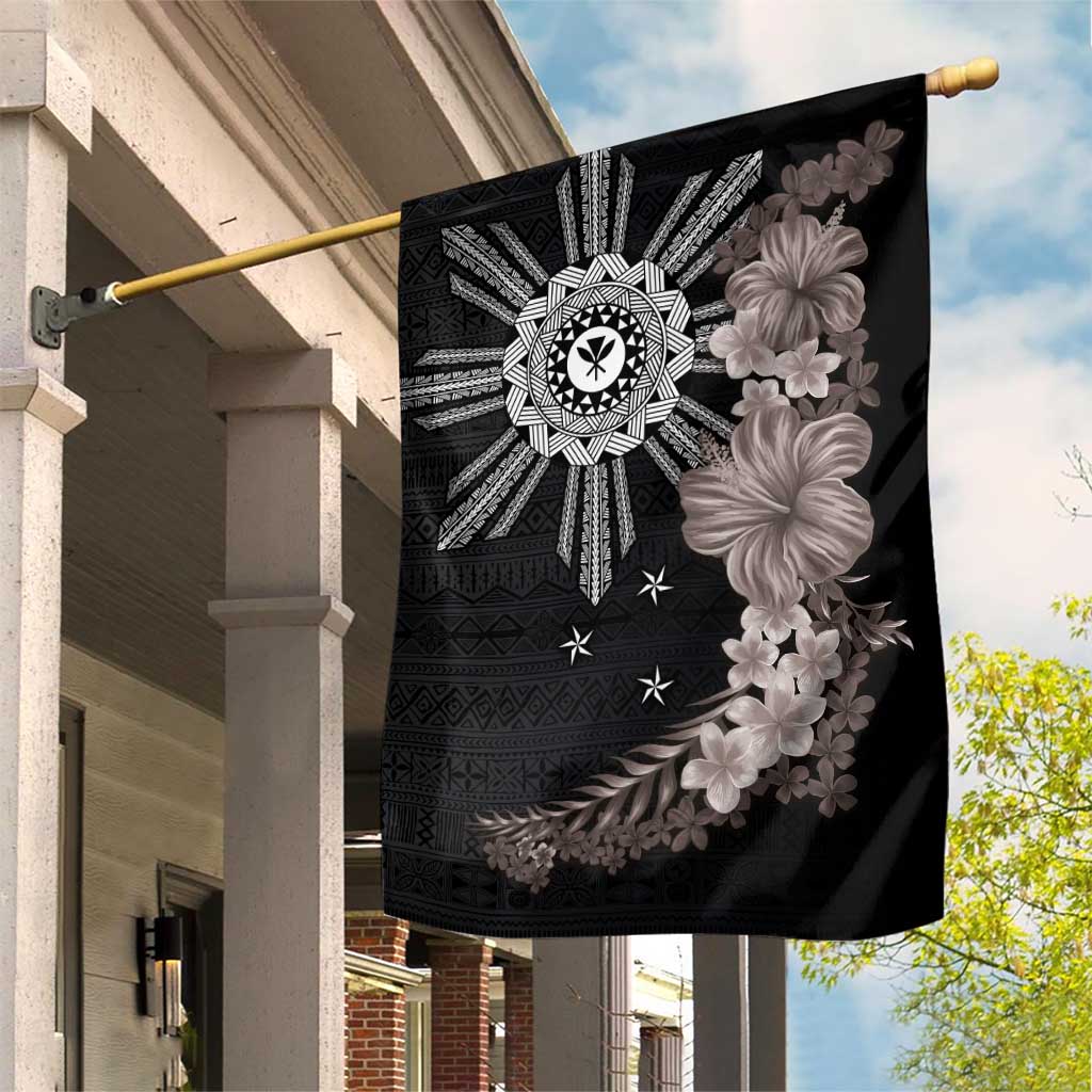 Hawaii and Philippines Together Garden Flag Hibiscus Flower and Sun Badge Polynesian Pattern Grayscale LT03 House Flag Black - Polynesian Pride