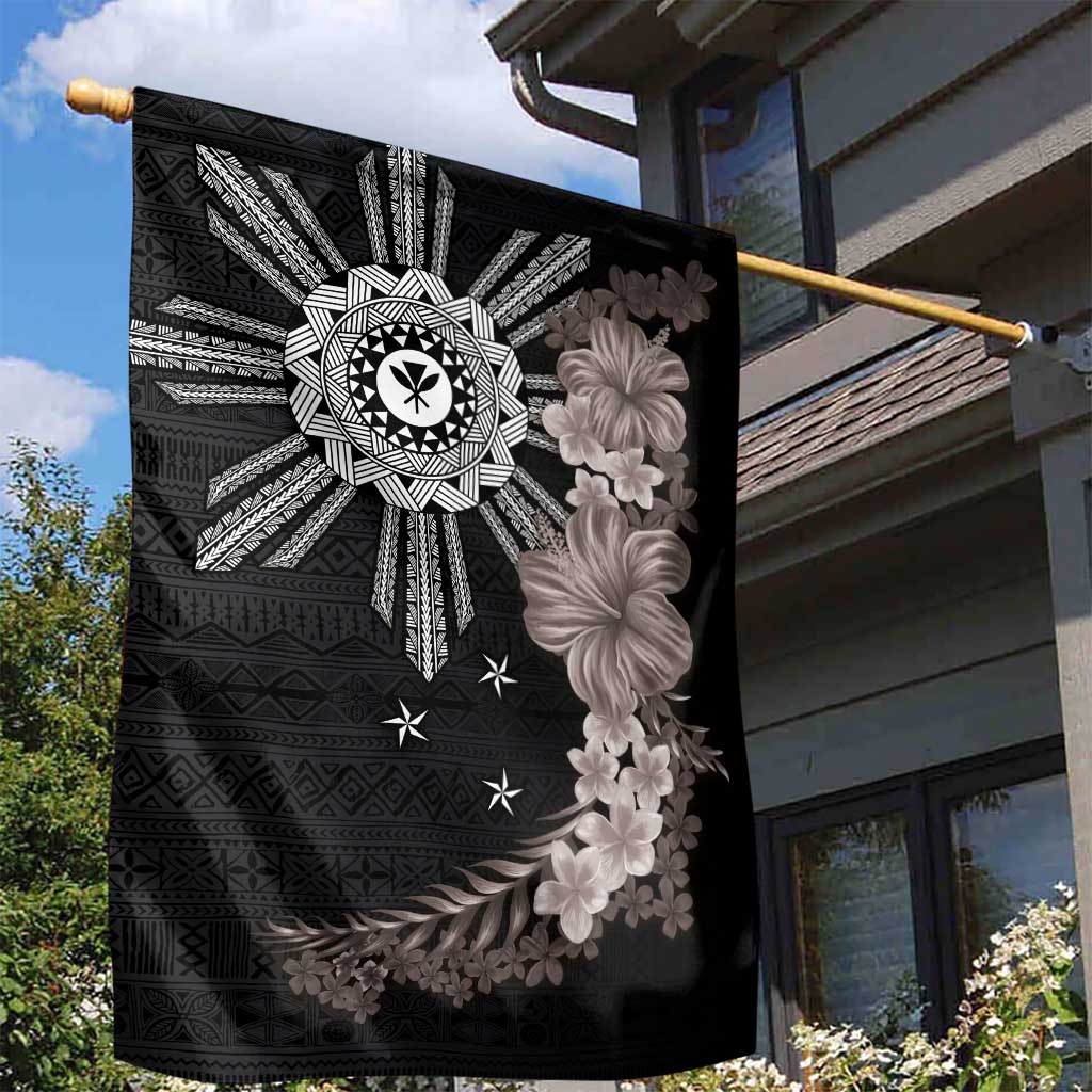 Hawaii and Philippines Together Garden Flag Hibiscus Flower and Sun Badge Polynesian Pattern Grayscale LT03 - Polynesian Pride