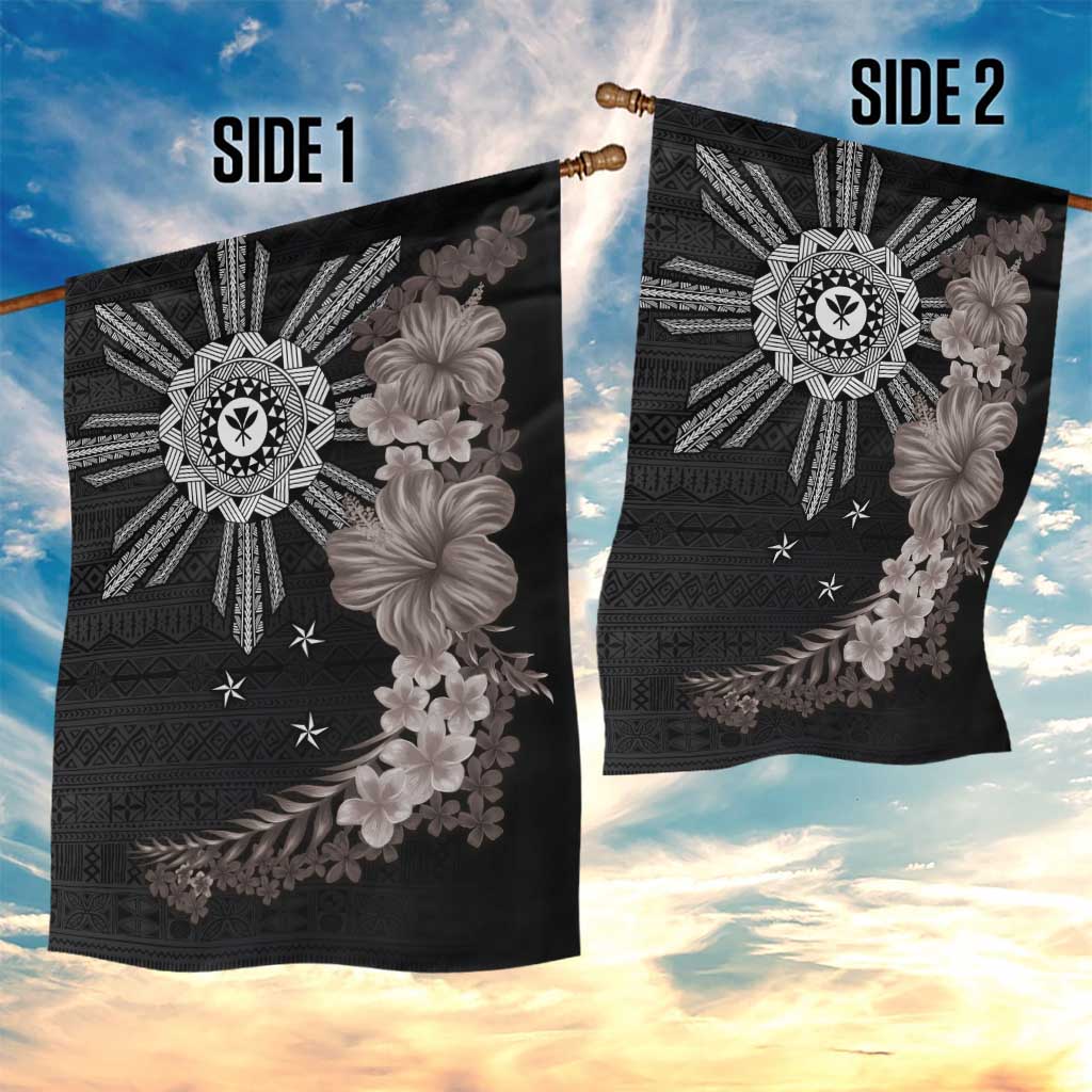 Hawaii and Philippines Together Garden Flag Hibiscus Flower and Sun Badge Polynesian Pattern Grayscale LT03 - Polynesian Pride