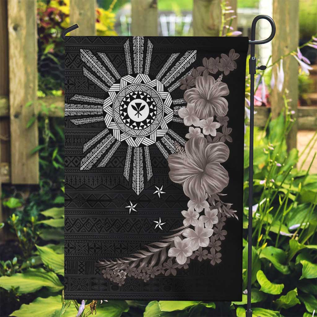 Hawaii and Philippines Together Garden Flag Hibiscus Flower and Sun Badge Polynesian Pattern Grayscale LT03 Garden Flag Black - Polynesian Pride