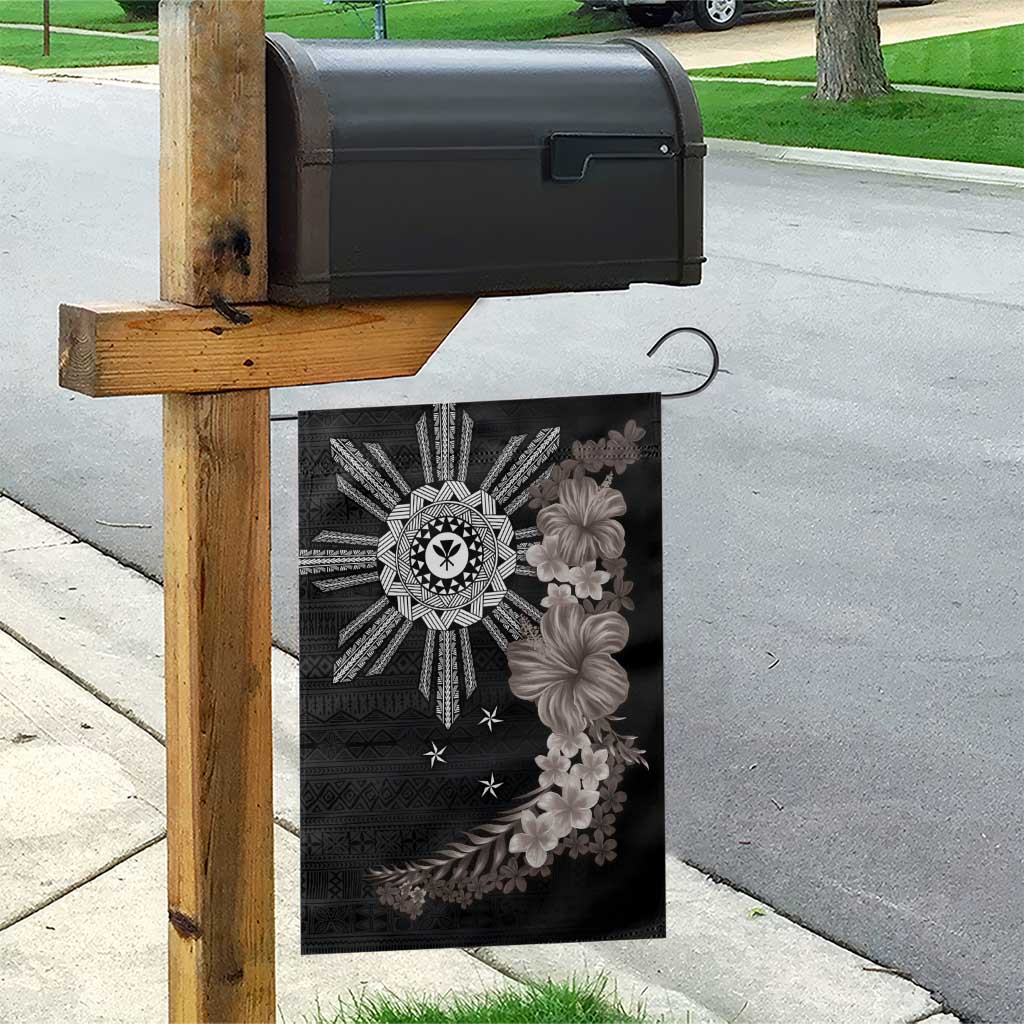 Hawaii and Philippines Together Garden Flag Hibiscus Flower and Sun Badge Polynesian Pattern Grayscale LT03 - Polynesian Pride