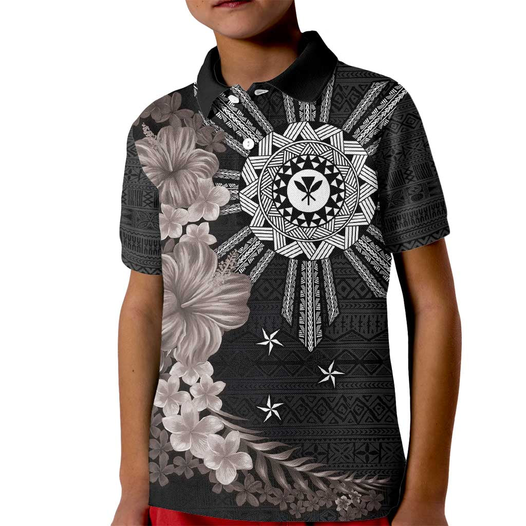 Hawaii and Philippines Together Kid Polo Shirt Hibiscus Flower and Sun Badge Polynesian Pattern Grayscale LT03 Kid Black - Polynesian Pride