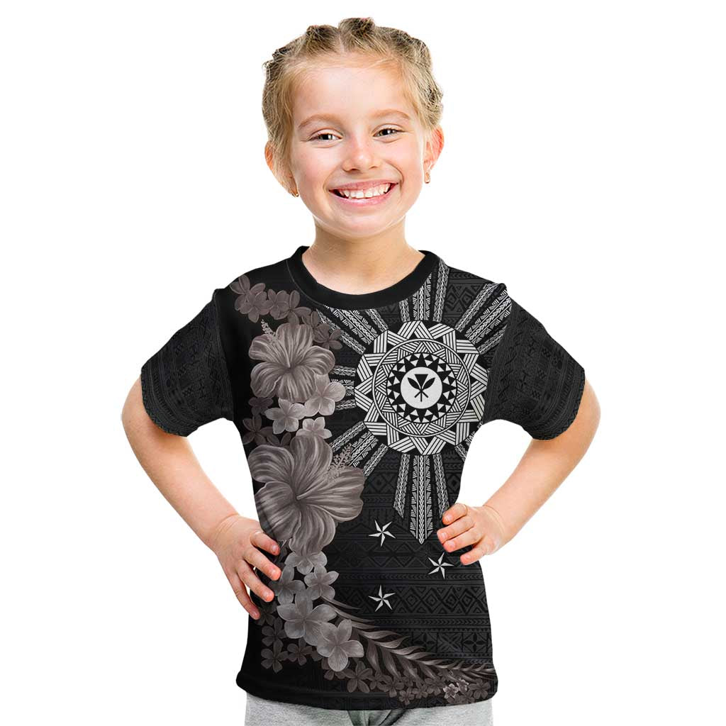 Hawaii and Philippines Together Kid T Shirt Hibiscus Flower and Sun Badge Polynesian Pattern Grayscale LT03 Black - Polynesian Pride