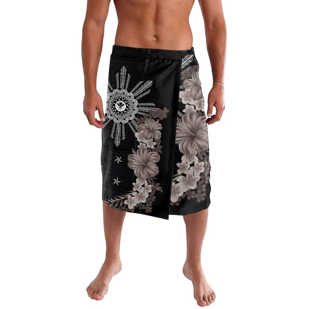 Hawaii and Philippines Together Lavalava Hibiscus Flower and Sun Badge Polynesian Pattern Grayscale LT03 Black - Polynesian Pride