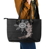 Hawaii and Philippines Together Leather Tote Bag Hibiscus Flower and Sun Badge Polynesian Pattern Grayscale LT03 - Polynesian Pride