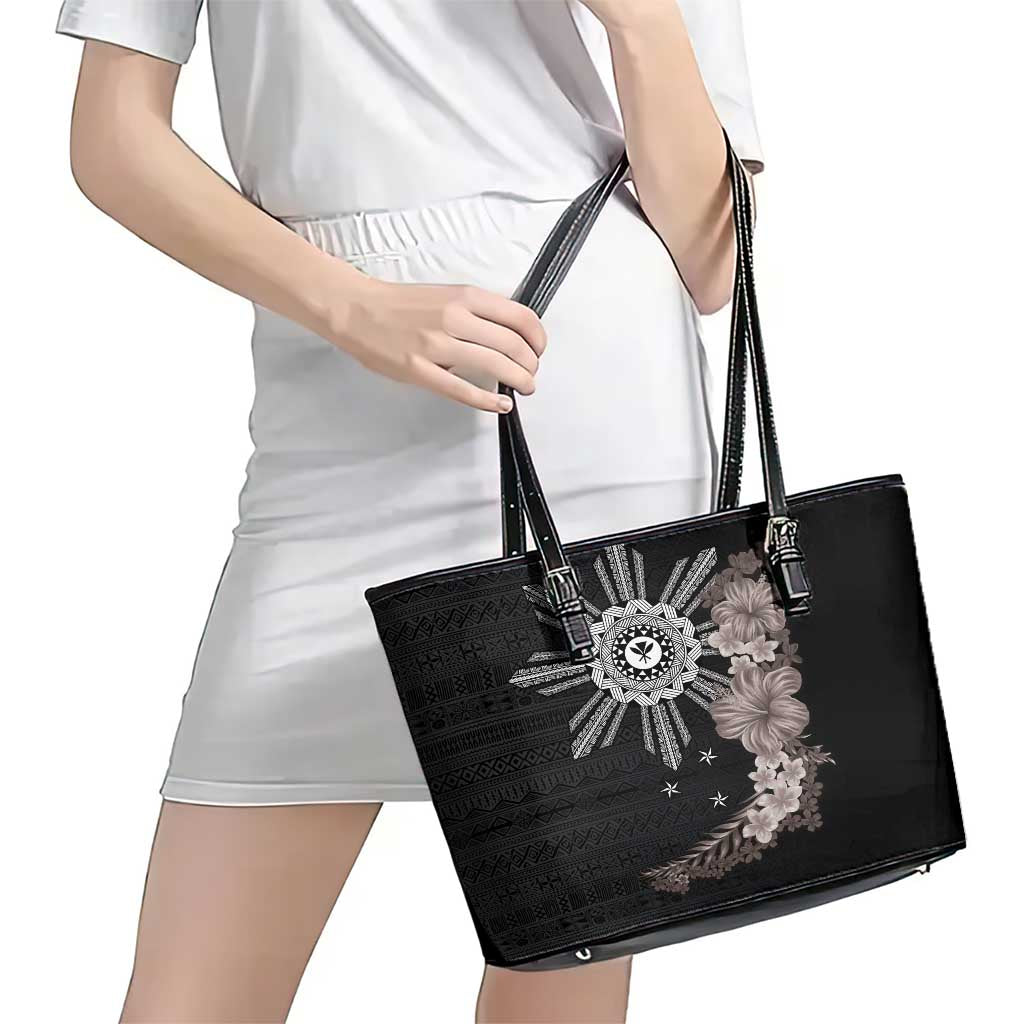 Hawaii and Philippines Together Leather Tote Bag Hibiscus Flower and Sun Badge Polynesian Pattern Grayscale LT03 - Polynesian Pride