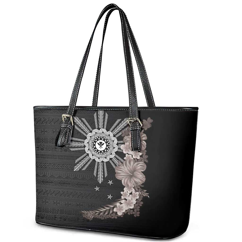 Hawaii and Philippines Together Leather Tote Bag Hibiscus Flower and Sun Badge Polynesian Pattern Grayscale LT03 - Polynesian Pride